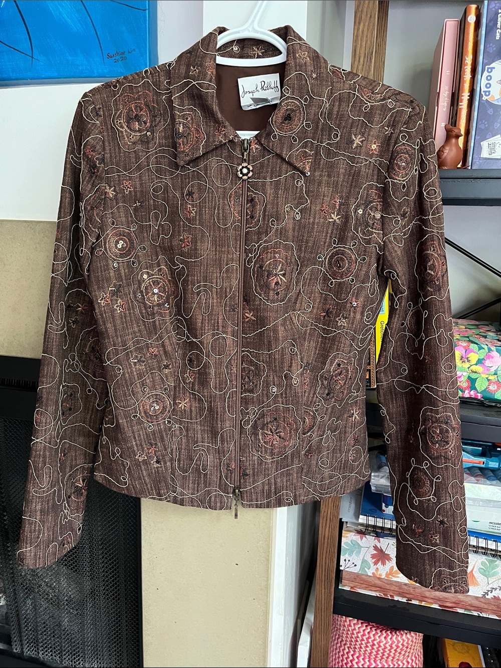 Vintage Whimsical Joseph Ribkoff Brown Floral-Patterned Zip Jacket